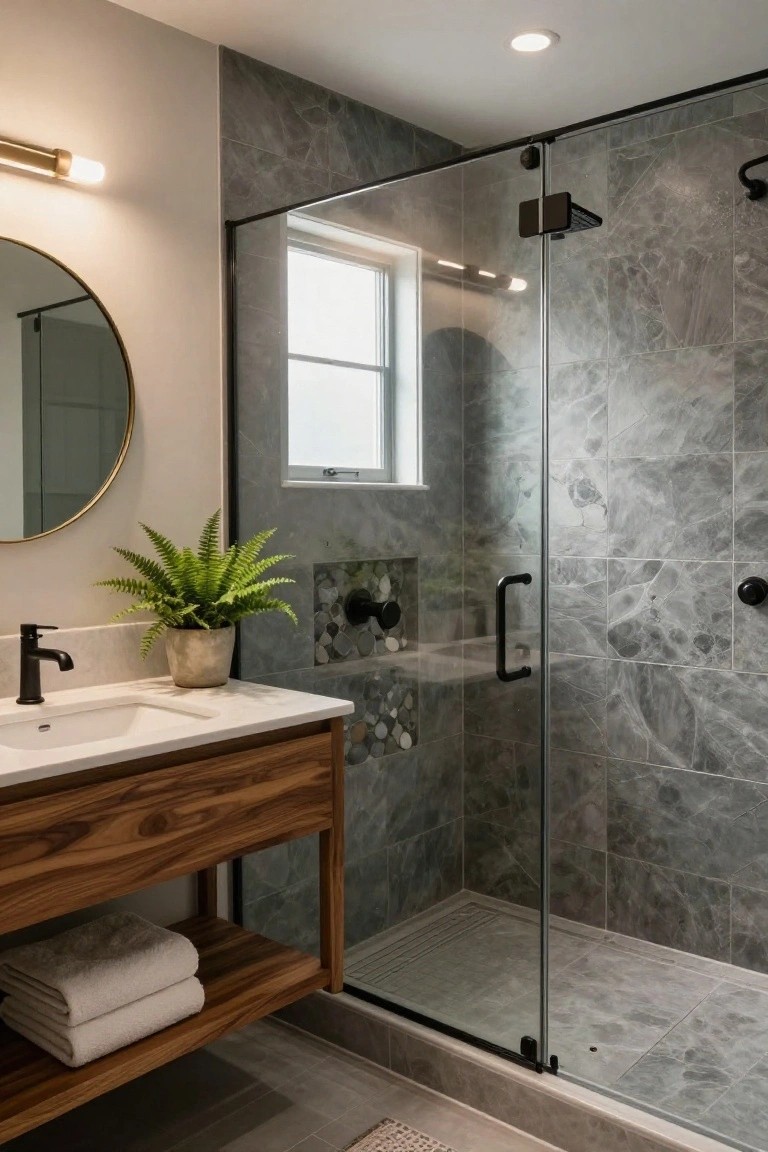 Modern bathroom with light wood vanity on open shelf holding folded white towels, white undermount sink, matte black faucet, round gold mirror, potted fern plant, and glass shower enclosure with gray marbled tiles and pebble niche.