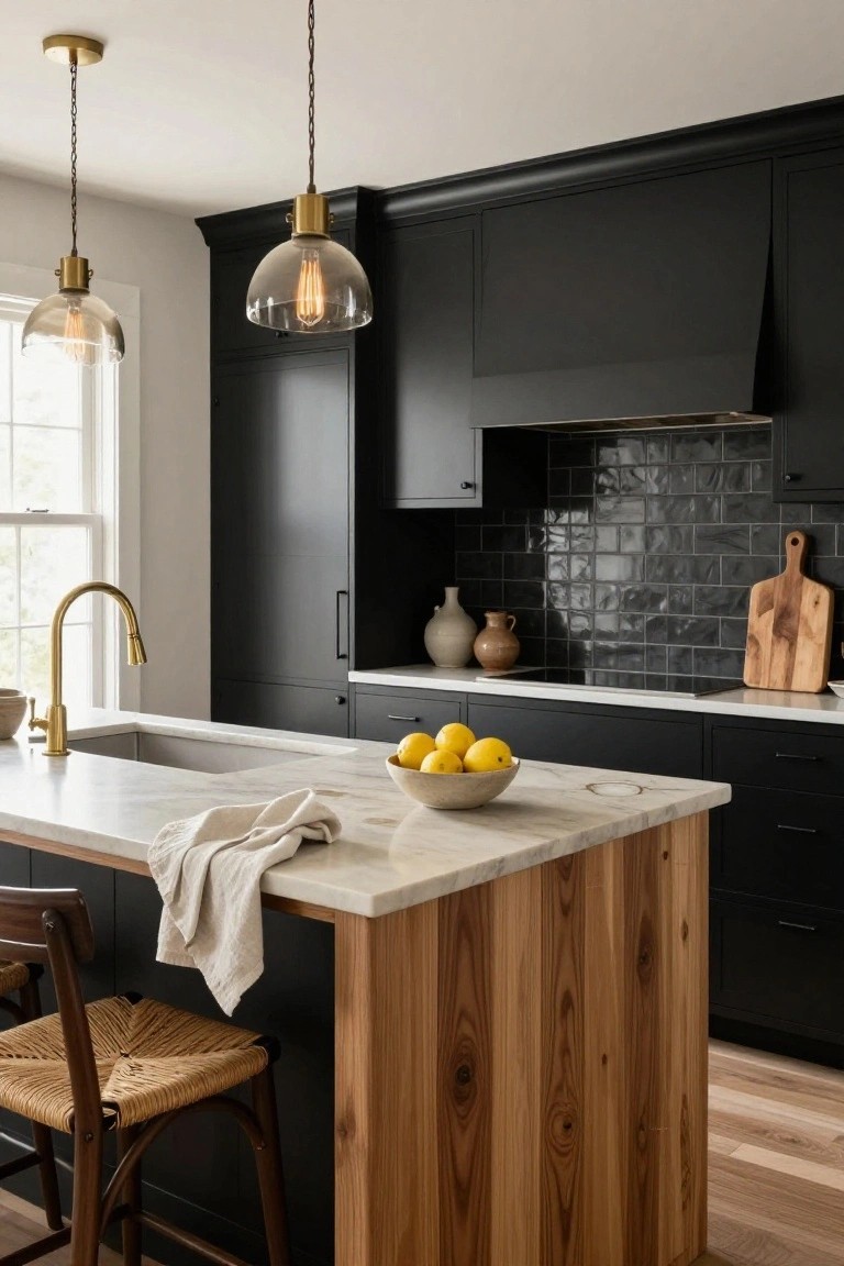 Modern kitchen with matte black cabinets, white marble countertop on an island with light wood vertical slats, gold faucet and pendants, black subway tile backsplash, and rattan stool.