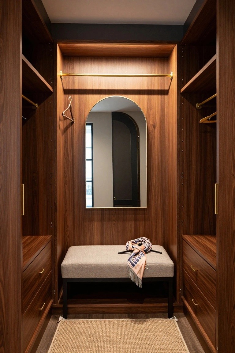 Walk-in closet with full walnut wood paneling on walls and cabinetry, brass hanging rods and drawer pulls, arched wall mirror, central upholstered bench with scarf and hanger, and seagrass rug on floor.