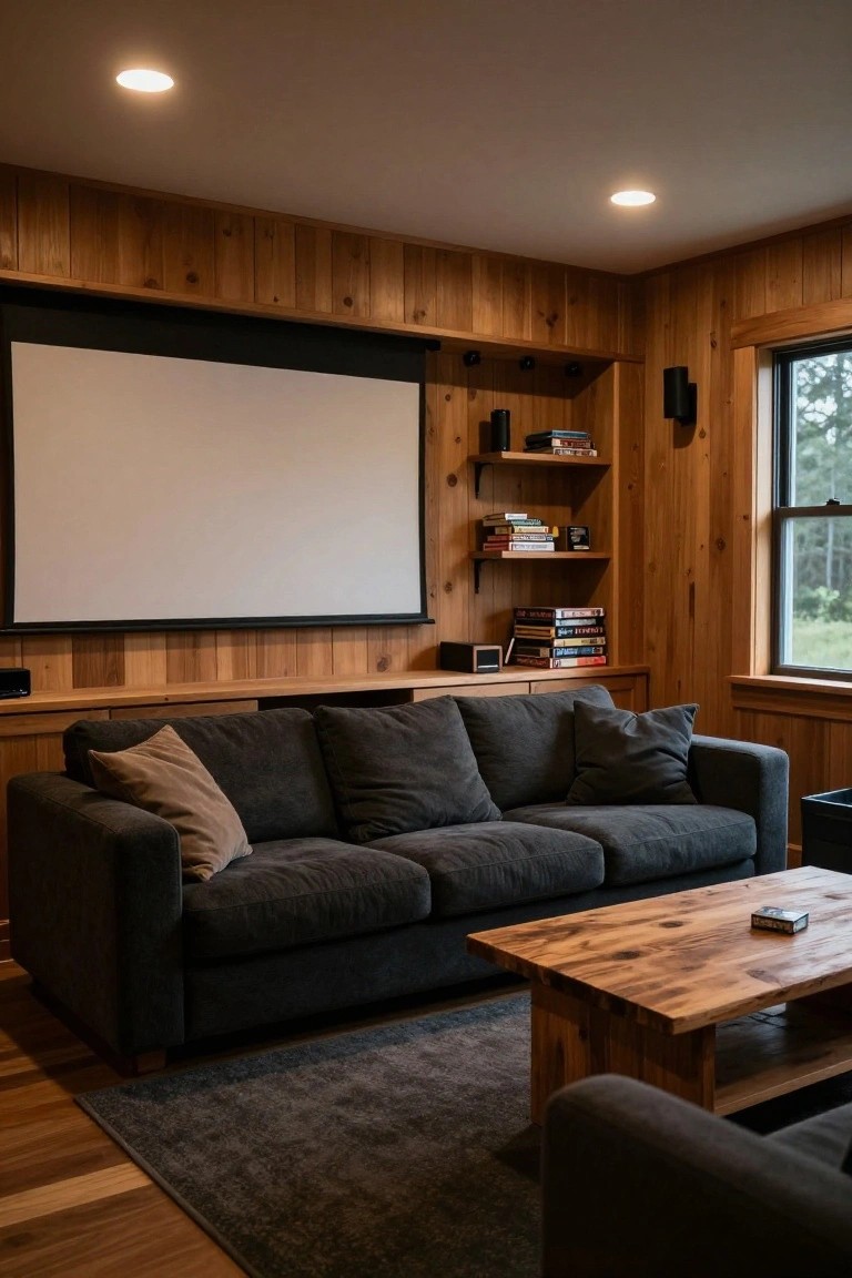 Wooden paneled interior of a home theater room featuring a large projector screen, built-in shelves with books and games, dark gray L-shaped sofa, wooden coffee table, and recessed ceiling lights.