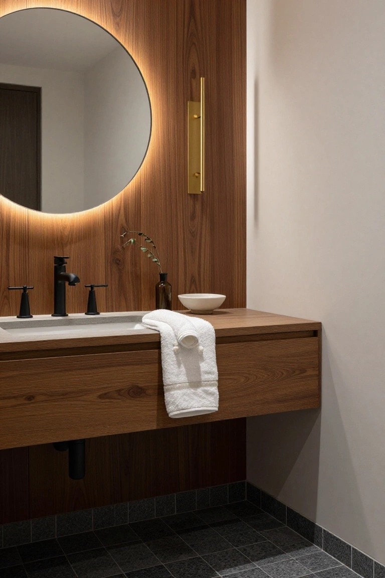 Modern bathroom with round backlit mirror on vertical wood-paneled wall, floating wooden vanity with black faucet and handles, white towels in bowl, and dark tile floor.