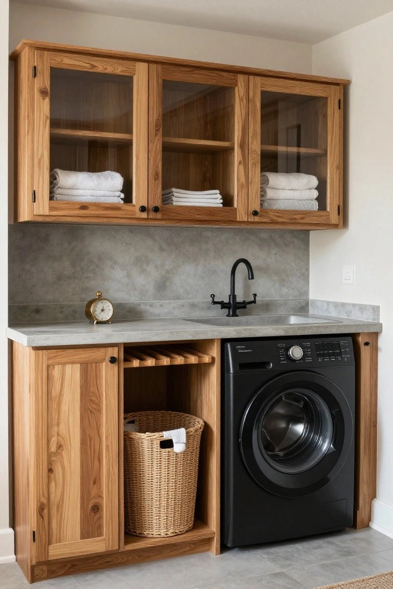 A laundry room corner with light oak cabinets, glass doors on uppers displaying stacked white towels, gray concrete countertop and sink with black faucet, and black front-load washer integrated into wooden base cabinets containing a wicker laundry basket.