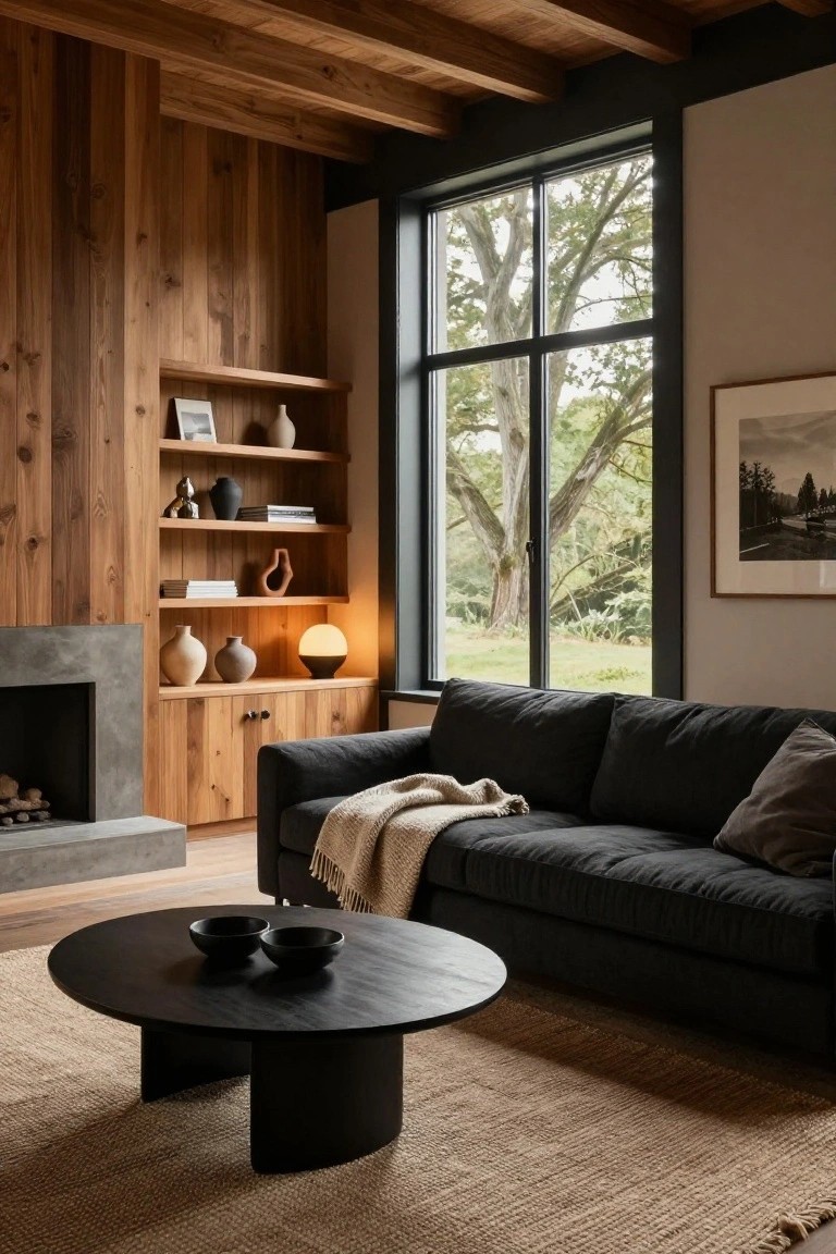 Living room interior with wooden paneled walls and built-in shelving and cabinets flanking a concrete fireplace, black sofa with throw blanket, round black coffee table with bowls, seagrass rug, and large window showing trees outside.