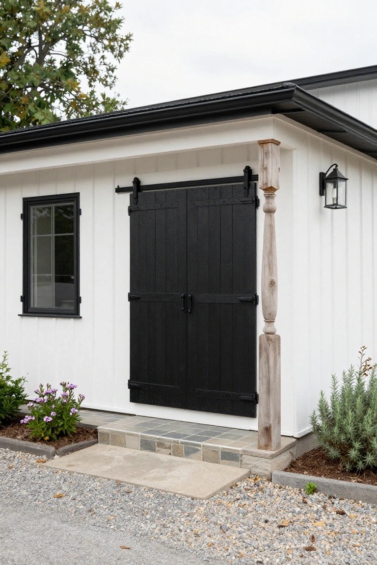 White board-and-batten shed with black double sliding barn doors on a track, small window, turned wooden post, wall lantern, purple flowers, rosemary plants, stone steps, and gravel driveway.