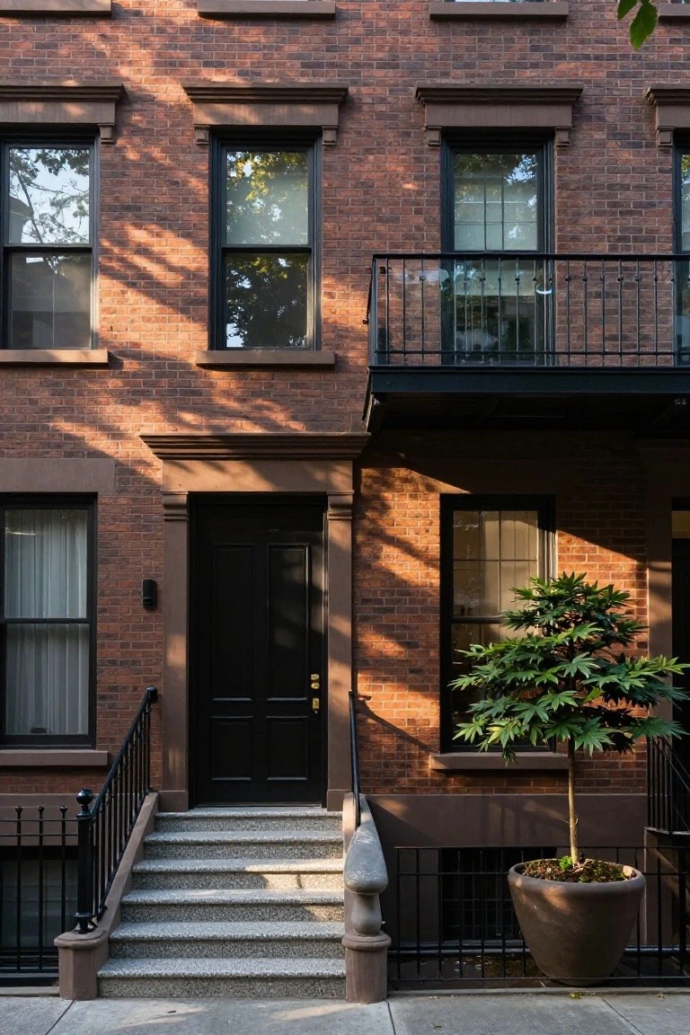 Three-story brick townhouse facade with black-framed windows, black front door, stone steps with wrought-iron railing, and a large potted plant with broad leaves beside the entrance.