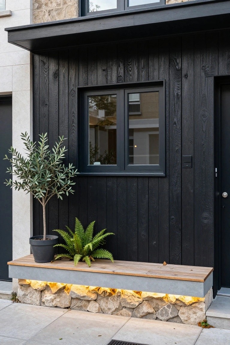 House exterior with black vertical wood cladding on a modern extension, featuring a black front door, double-glazed window, built-in wooden bench holding potted olive tree and fern, LED-lit concrete and stone base, next to light-colored stone wall.