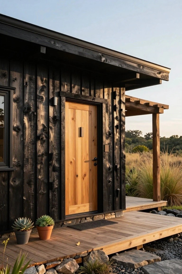 Side exterior view of a small house with vertical black charred wood siding, light wood entry door, wooden porch deck with potted succulents, pergola, and surrounding grasses and rocks.