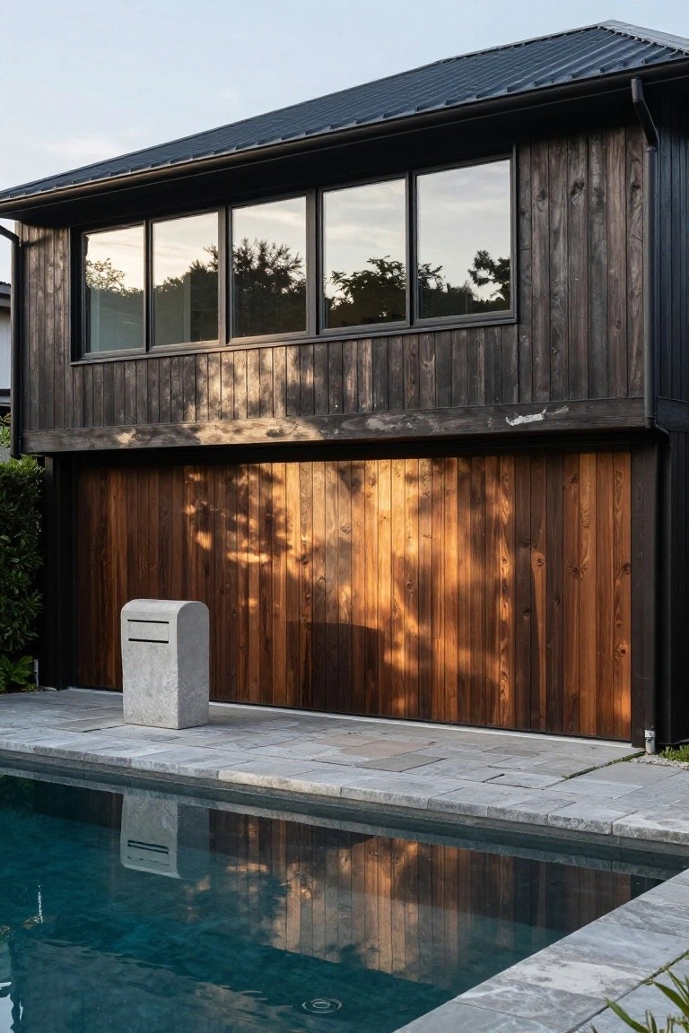 Modern two-story house exterior with dark wood cladding on upper levels, large black-framed windows, warm wood garage door, stone mailbox on tiled poolside paving, and turquoise swimming pool.