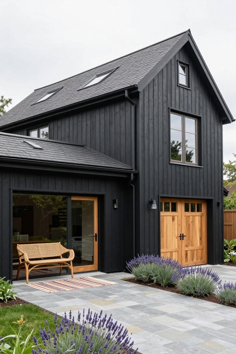 A two-story modern house with black vertical wood siding, slate roof, skylights, large windows, a wooden garage door, sliding glass door with rattan bench, lavender plants, and gray stone pavers.
