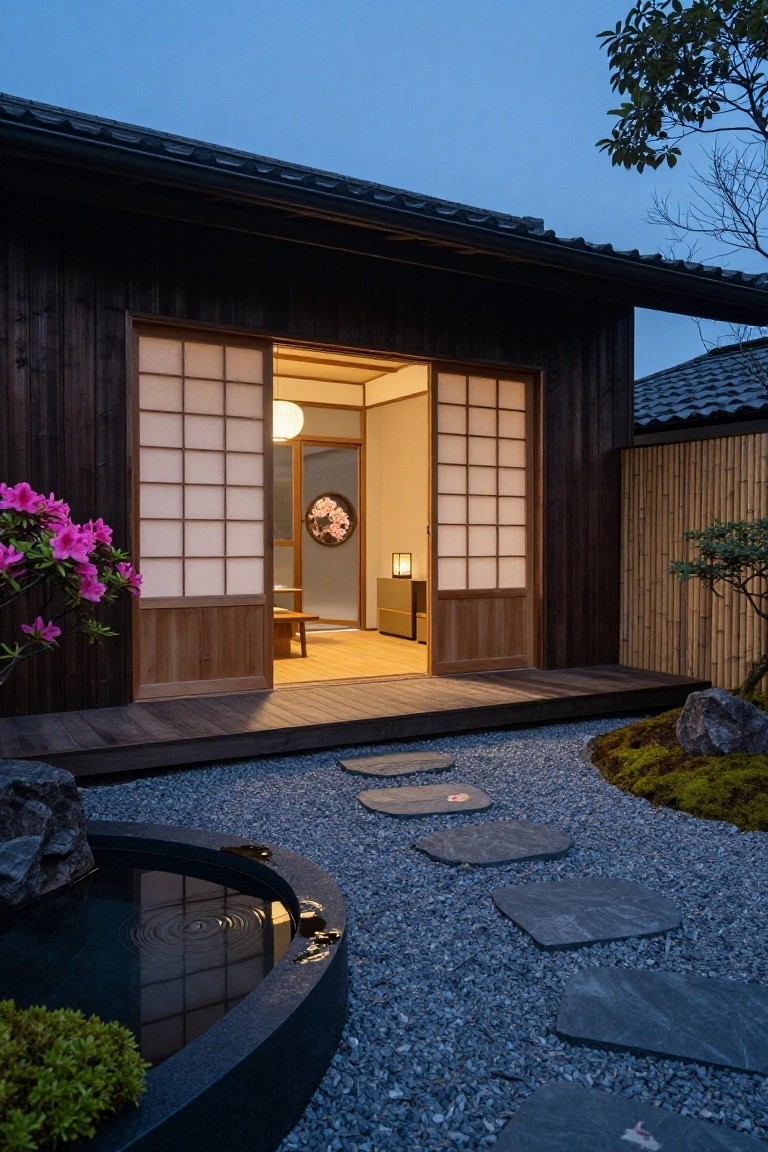 Dark wood-clad house exterior at dusk with open shoji screen doors revealing warm yellow interior lighting, next to a gravel garden path with irregular stepping stones and rocks.
