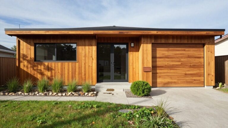 18 Sophisticated Wood Facade Architecture Ideas for Instant Curb Appeal Small modern outbuilding with vertical cedar wood siding, black metal roof overhang and door frame, glass entry door, copper mailbox, concrete steps, and gravel path edged with grasses.