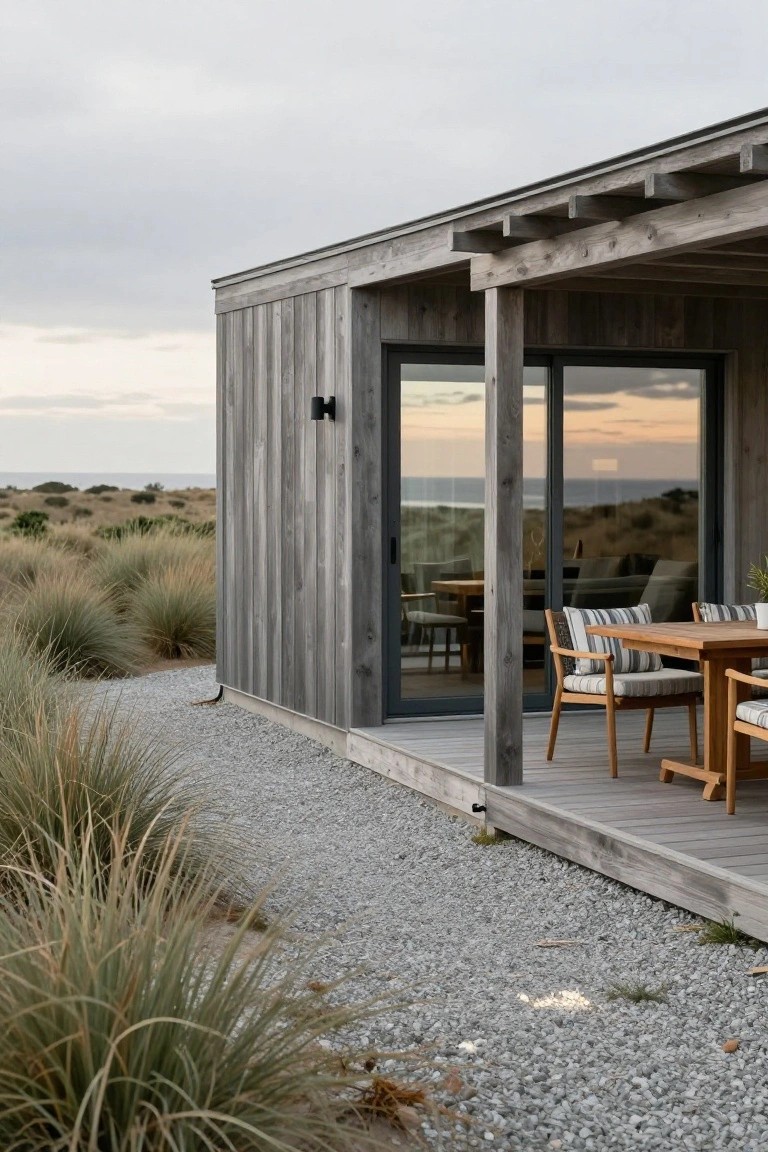 Side view of a modern beach house with grey vertical timber cladding, large black-framed sliding glass doors opening to a covered wooden deck with teak dining table and chairs, surrounded by dune grasses and ocean horizon.