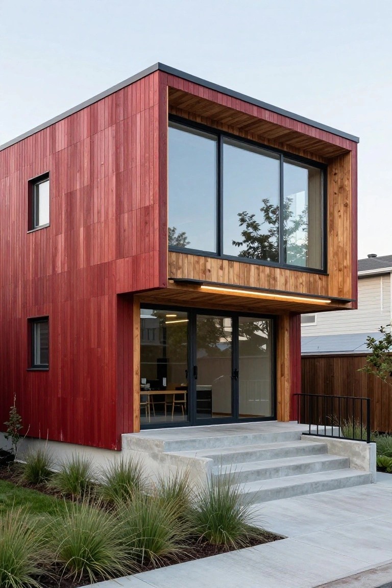 A two-story modern house with red vertical cedar wood cladding, black-framed windows, a wooden entry canopy with glass doors, concrete steps, and low grasses in the front yard.