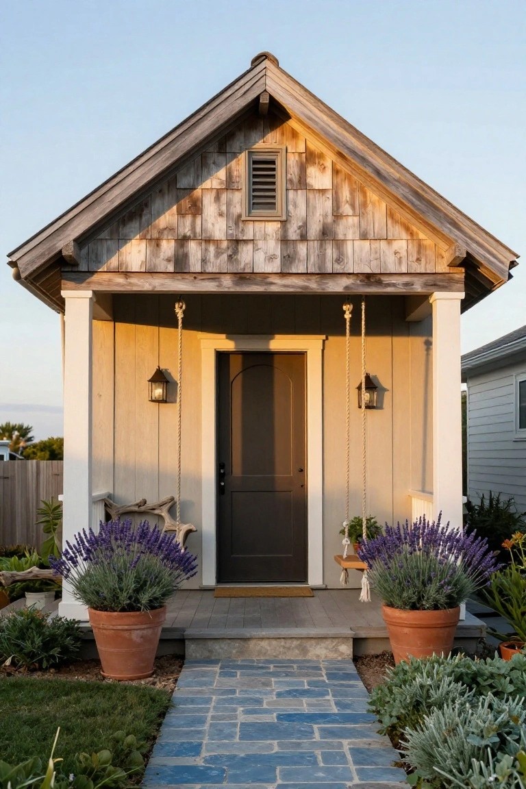 Small gabled building with weathered gray wood shingle siding, white-trimmed porch supported by posts, dark arched door flanked by lanterns, hanging swing, potted lavender plants on porch, stone tile path, and surrounding drought-tolerant landscaping.