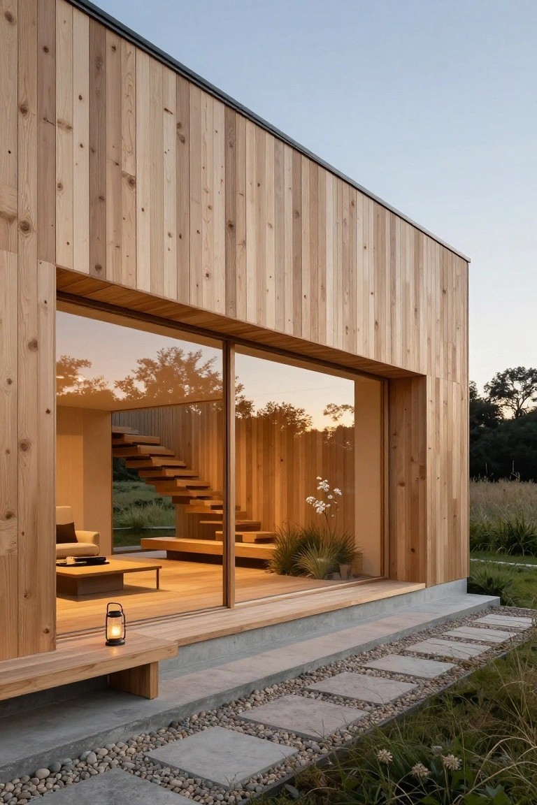 Modern house exterior featuring vertical light wood cladding, large floor-to-ceiling glass window showing wooden staircase and interior, wooden bench with lantern, concrete base, stone pathway, and grassy landscape at sunset.