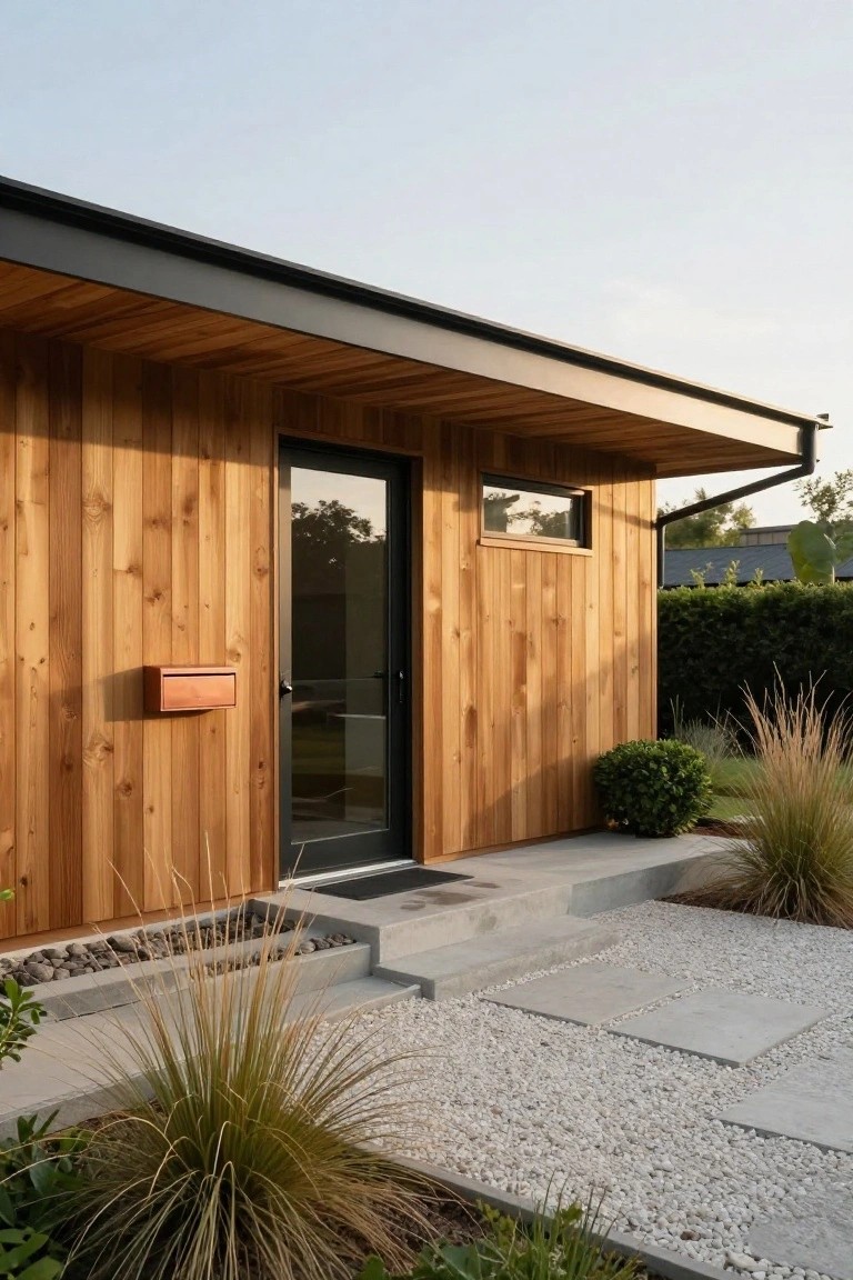 Small modern outbuilding with vertical cedar wood siding, black metal roof overhang and door frame, glass entry door, copper mailbox, concrete steps, and gravel path edged with grasses.