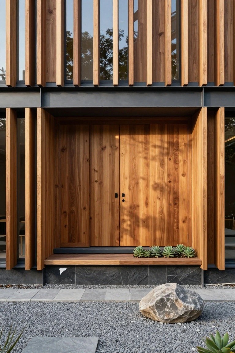 Modern house facade with vertical wooden slats framing a recessed double wooden door, black metal structural elements, wooden bench holding potted succulents, dark stone base, gravel ground cover, and a large boulder.