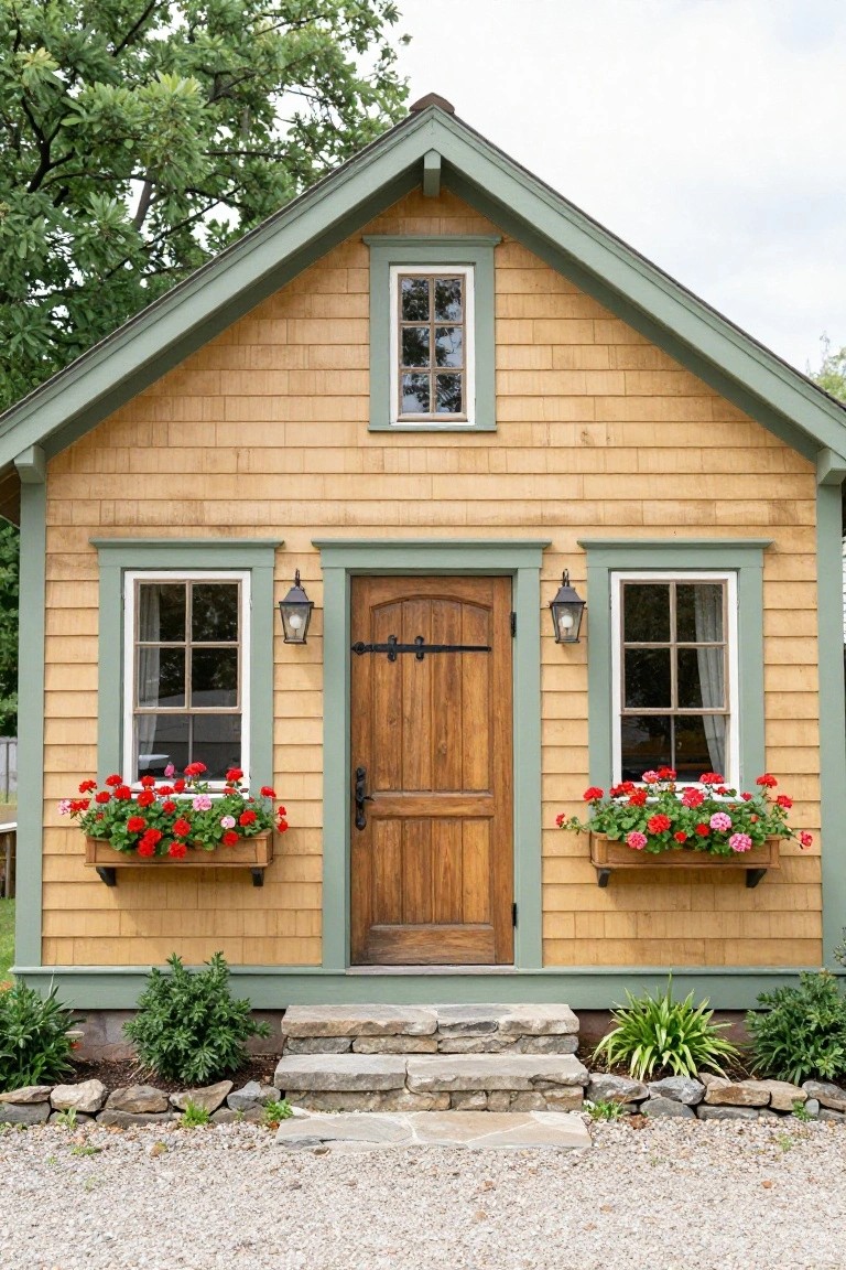 Small cottage with tan shingle siding, green trim, wooden door flanked by lanterns, red geranium window boxes, stone steps, and gravel driveway.