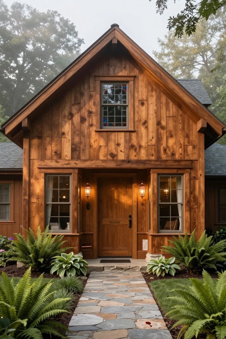 Wooden cabin-style house exterior with vertical plank siding, steeply pitched gable roof, stained glass window in gable, double wooden entry doors flanked by lanterns, stone pathway leading to front porch amid ferns and hostas in misty woods.