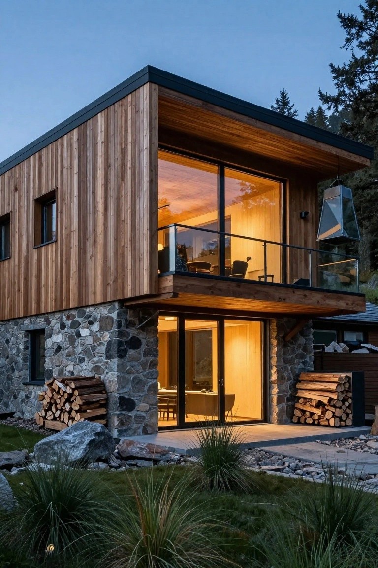 Two-story modern house with vertical wood siding on upper levels over a stone base, featuring large glass windows, a balcony, glass railing, and wood stacks nearby amid natural landscaping.