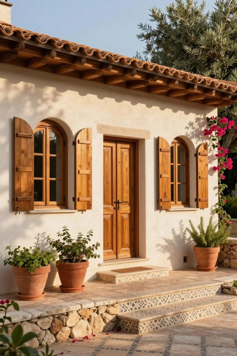 Beige stucco house facade with terracotta tile roof, open wooden shutters on arched windows, solid wooden double door, potted plants on stone steps, and tiled entry platform.