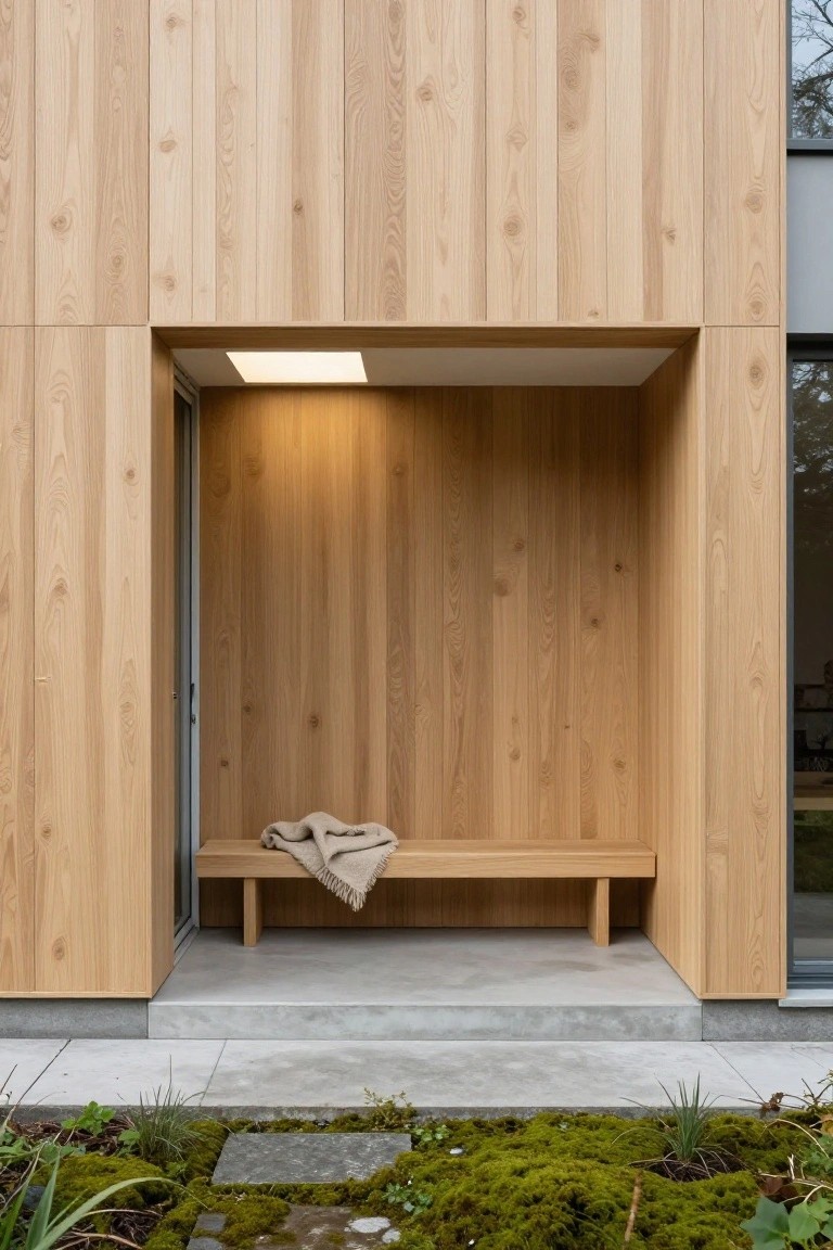 Recessed house entry alcove clad in vertical light wood planks with a glass door, built-in wooden bench holding a beige blanket, soft overhead lighting, concrete step, and moss-covered stone ground with plants.