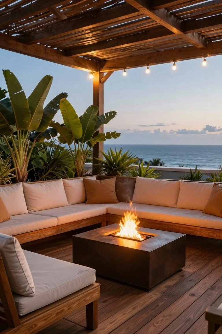 Rooftop terrace with wooden pergola strung with lights, L-shaped beige sofa and chairs around a central black square fire table with orange flames, tropical plants, and ocean view at dusk.
