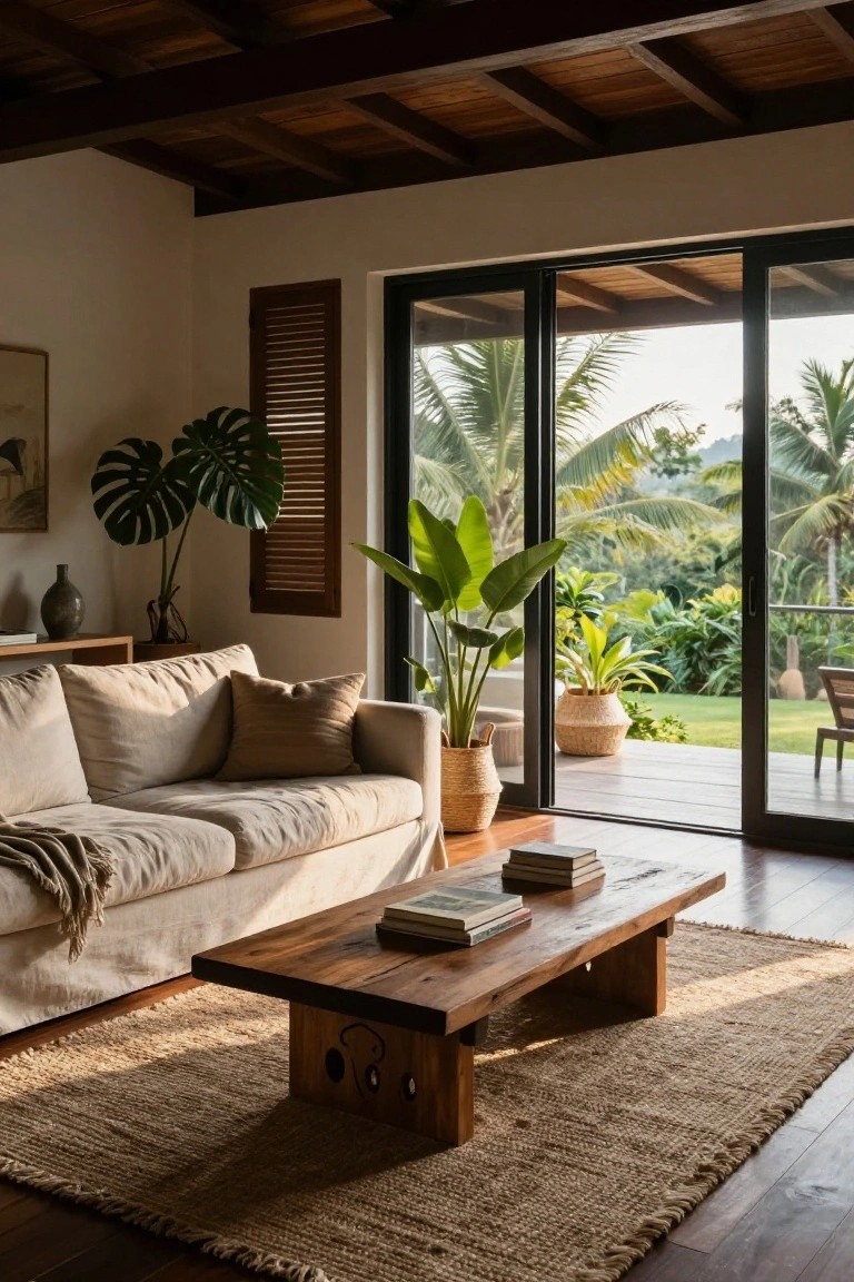 Living room interior with beige sofa, wooden coffee table, potted tropical plants, and large sliding glass doors open to a balcony overlooking palm trees and garden.