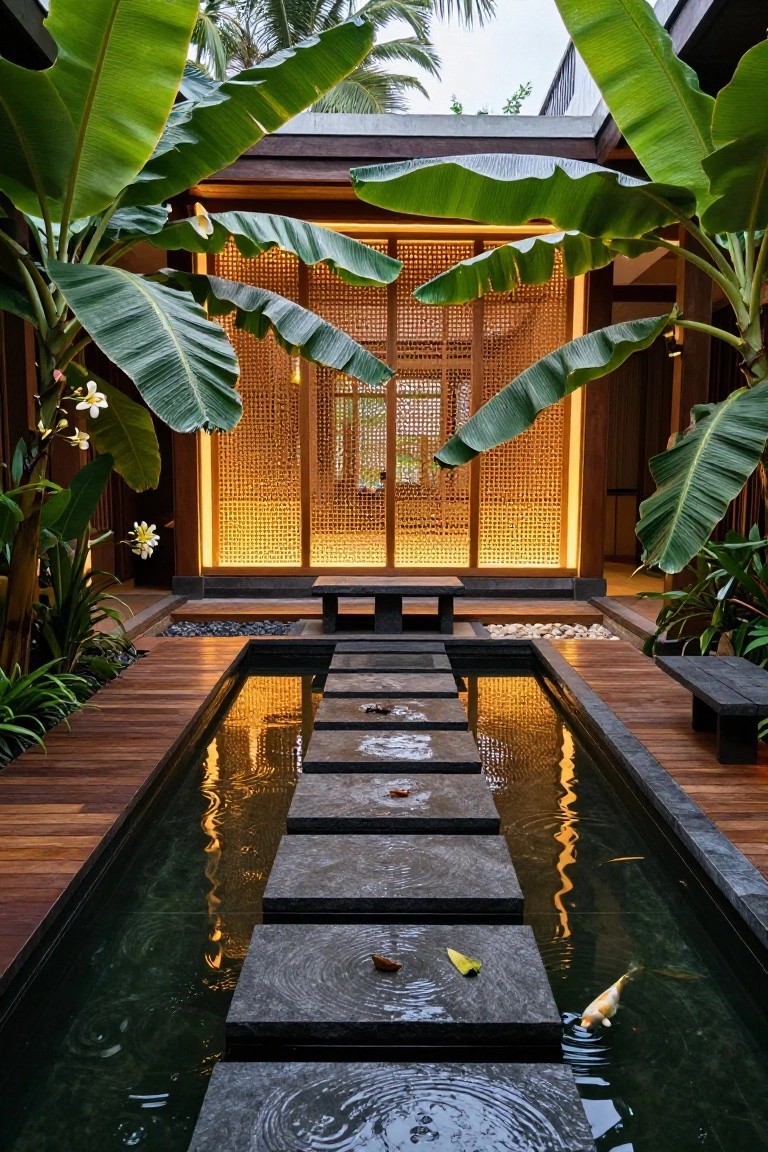 Rectangular koi pond with dark rectangular stepping stones across it, surrounded by wooden decking and tropical plants including banana leaves, leading to a bamboo-screened wooden structure with benches.