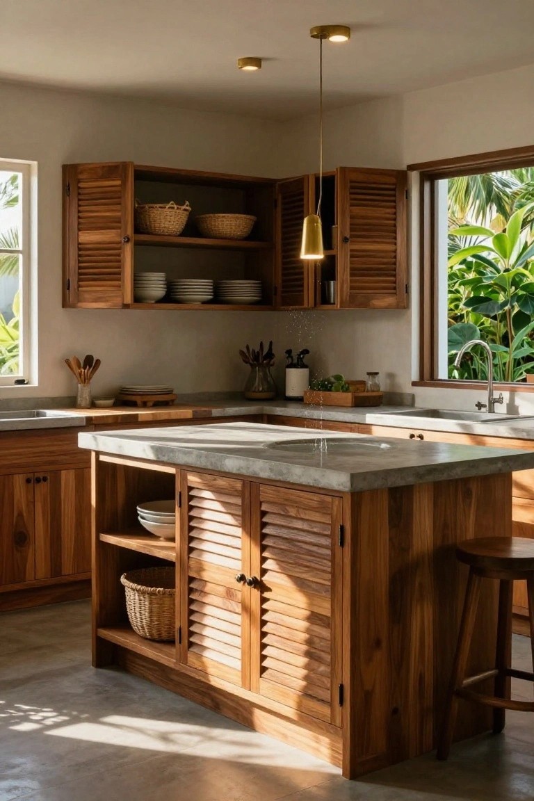 A tropical kitchen interior with wooden louvered cabinets, concrete countertop island, brass pendant lights, sink area, and large windows showing green plants outside.