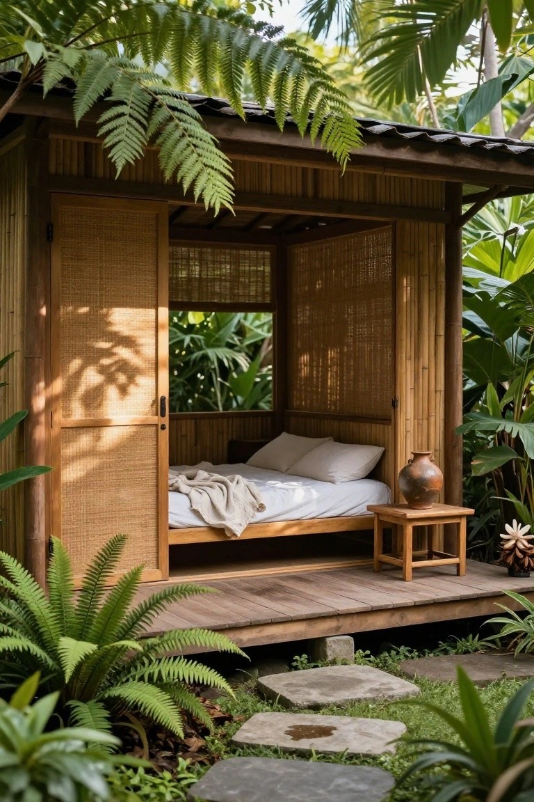 Bamboo pavilion on a wooden deck with a low bed covered in white sheets and pillows, sliding woven doors partially open, surrounded by tropical ferns, palms, and stone steps.