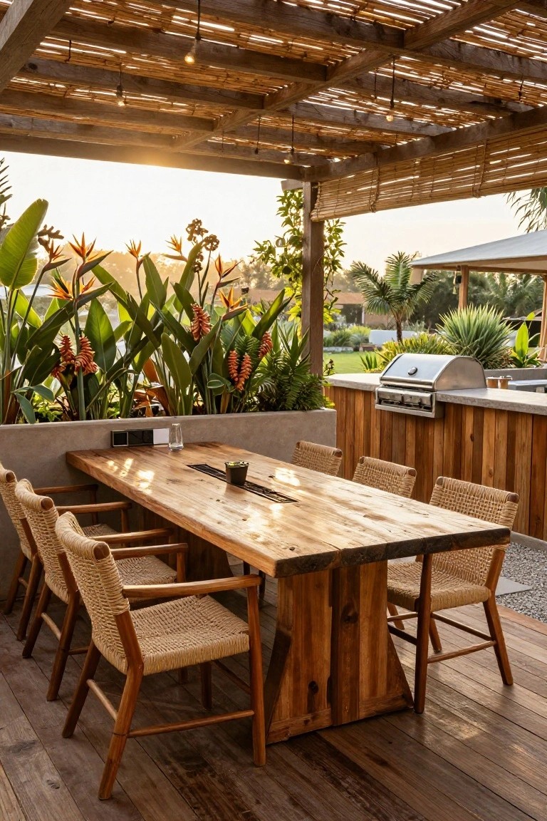Wooden dining table with rattan armchairs on a deck under a bamboo pergola roof, surrounded by potted tropical plants and next to a built-in stainless steel barbecue grill.
