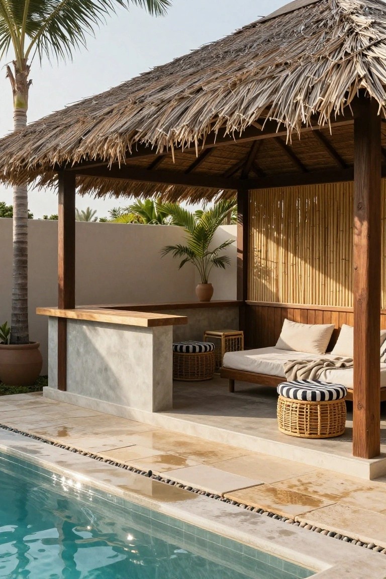 Outdoor pavilion with thatched roof, wooden bar counter, stools, daybed, plants, and infinity-edge swimming pool surrounded by stone tiles and palm trees.