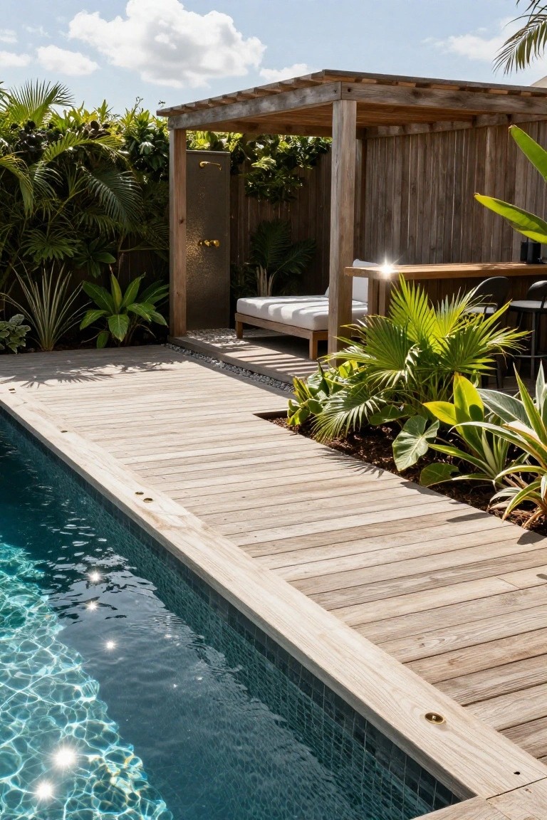 Wooden deck bordering a turquoise mosaic-tiled pool, with tropical plants, a pergola sheltering a cushioned daybed and bar area, and an outdoor shower enclosure nearby.