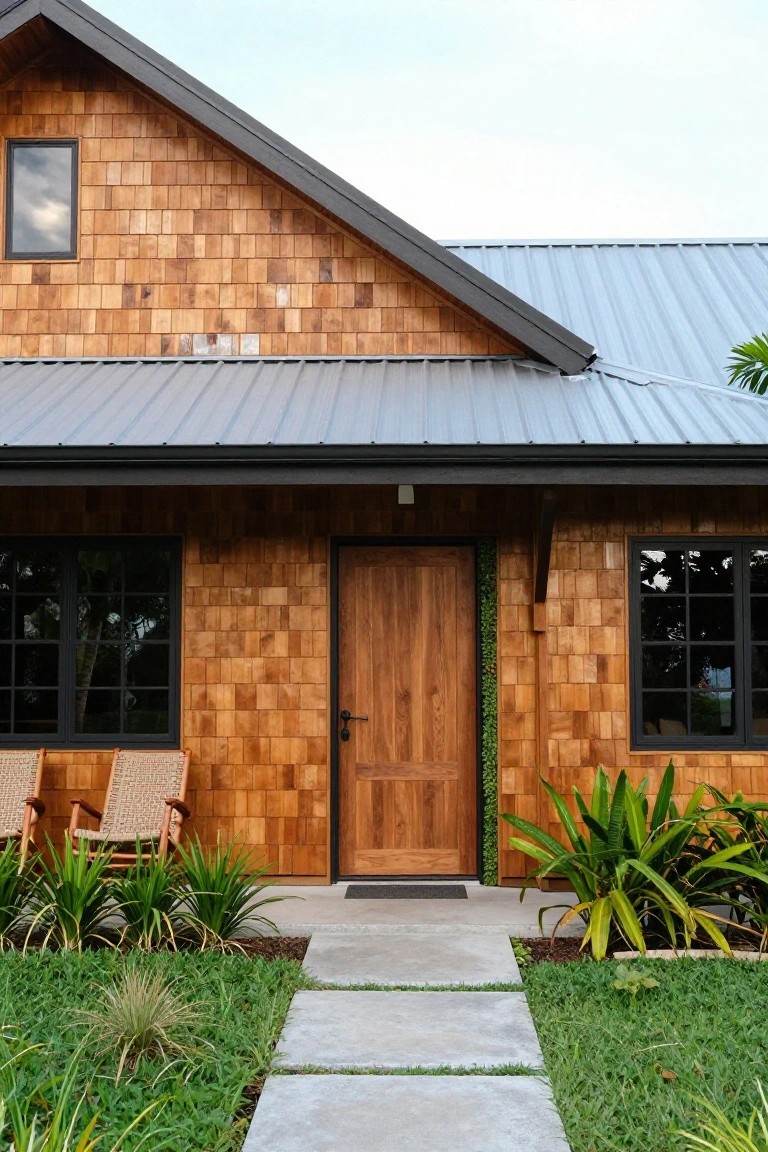 Front exterior of a house with brown wood shingle siding, gray metal roof, black-framed windows, dark wooden door, two rattan chairs on porch, tropical plants, and concrete path leading to entry.