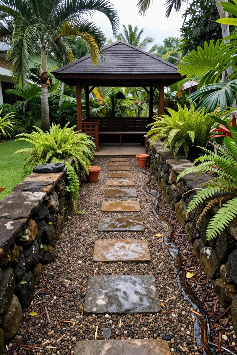 Gravel garden path lined with irregular stone stepping stones leading to a wooden gazebo, bordered by mossy stone walls with ferns and tropical plants.