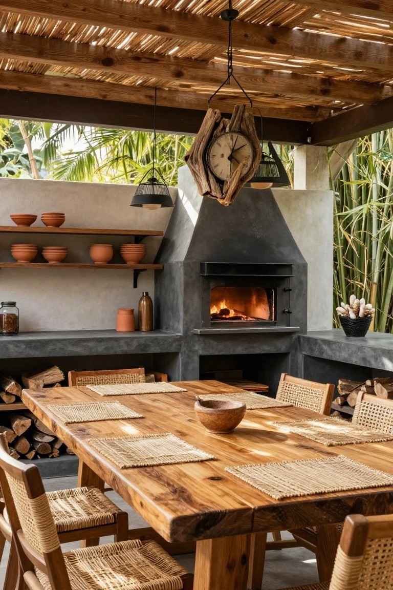 Outdoor covered patio with built-in dark stone fireplace containing a fire, long wooden dining table with rattan chairs and woven placemats, terracotta pots on shelves, wood stack, hanging driftwood clock and lanterns, surrounded by potted plants and bamboo.