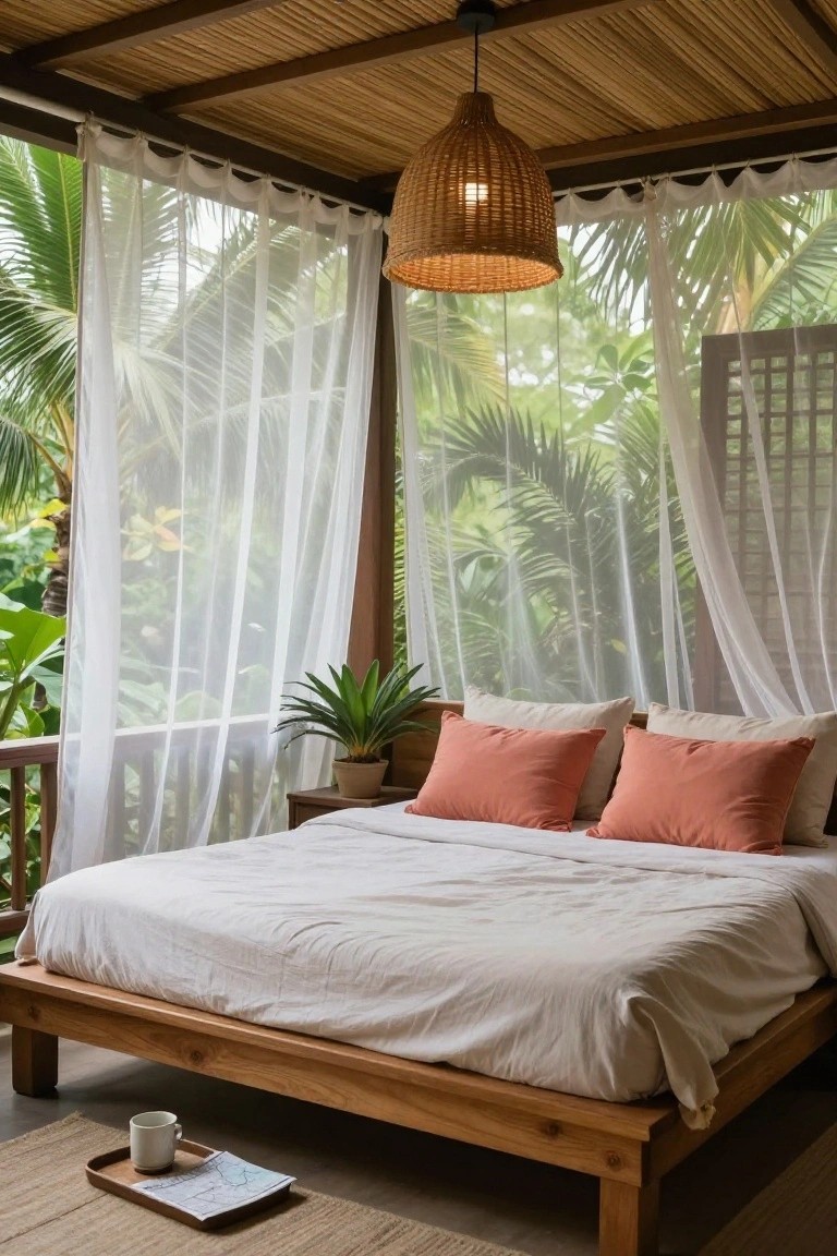 Wooden platform bed with white sheets and orange pillows in an open pavilion bedroom under bamboo ceiling, enclosed by sheer white curtains with tropical greenery and palms visible outside, potted plant on nightstand, tray with cup and paper on floor mat.