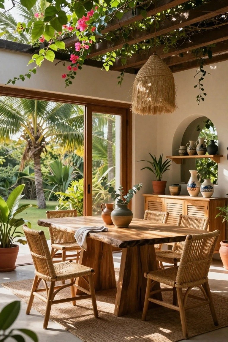 Covered outdoor terrace with live-edge wooden dining table, rattan chairs, potted plants, ceramic vases, and sliding wooden doors opening to tropical garden with palm trees and greenery.