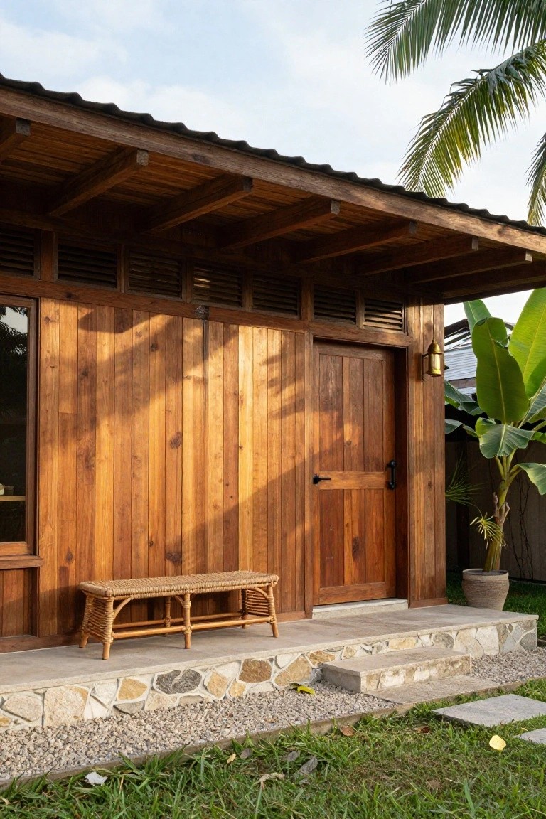 Wooden tropical house exterior with slatted side walls, dark paneled door, rattan bench on stone porch steps, gravel ground cover, banana plants, and palm trees nearby.