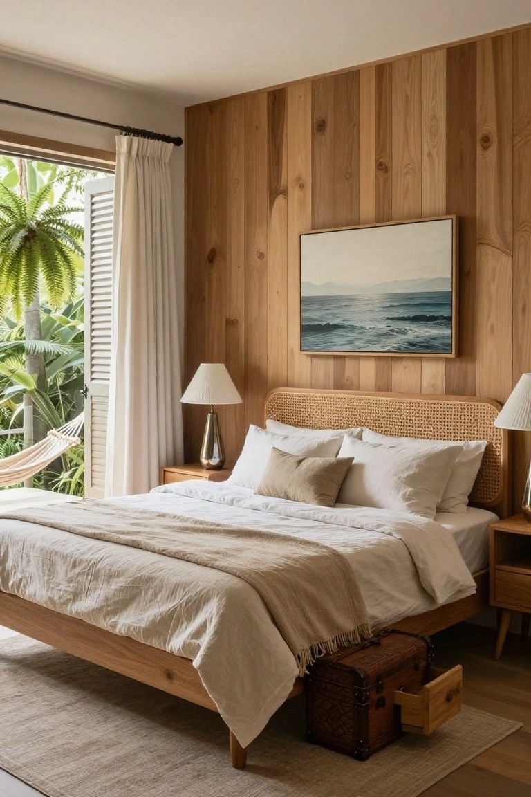 A bedroom interior with light vertical wood paneling on walls, a rattan headboard bed dressed in white and beige linens, wooden nightstands with lamps, and French doors opening to tropical plants and a hammock.