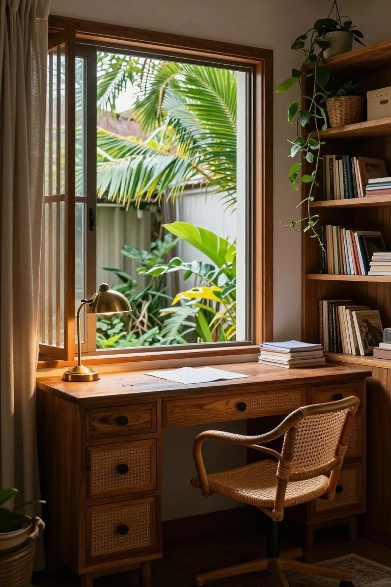 Wooden desk with cane-fronted drawers and rattan chair in a home office with bookshelves, brass lamp, potted plants, and large open windows overlooking tropical palms and greenery.