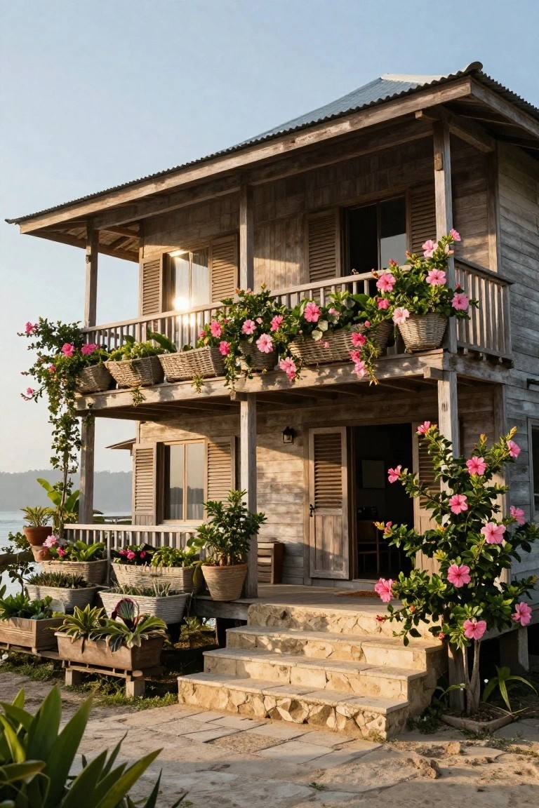Two-story weathered wooden house on stilts with slatted shutters, balcony lined with pink hibiscus in woven hanging baskets, stone steps to the front door, tropical plants around the base, and a lake in the background at dawn.