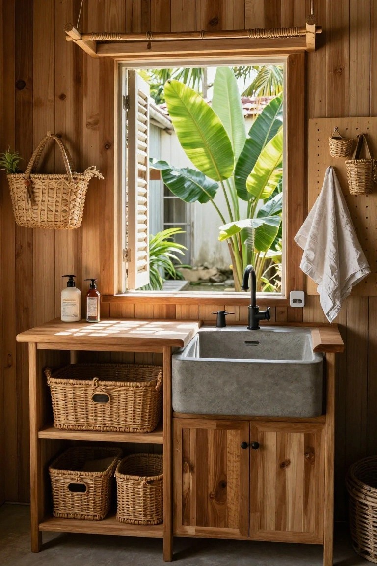 Wooden interior bathroom with light wood walls and ceiling, featuring a white farm sink in wooden cabinetry, open shelves holding woven baskets, soap bottles on the counter, hanging towels, and a window with shutters overlooking green tropical plants.