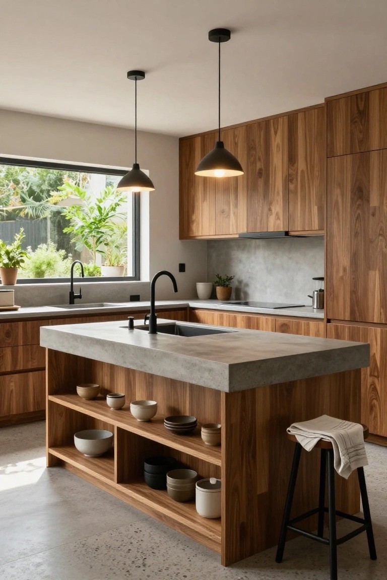 Modern kitchen with walnut wood cabinets and island featuring polished concrete countertop and open lower shelves displaying ceramic bowls and dishes, black pendant lights, matte faucets, and a window overlooking plants.