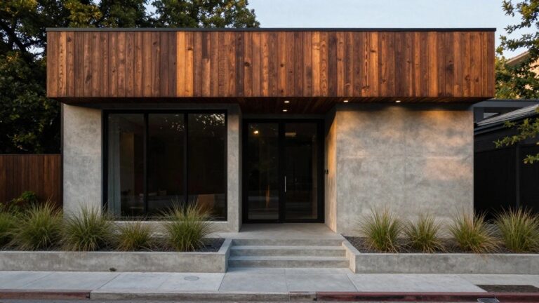 19 Bold Wood and Concrete Architecture Ideas With Modern Contrast Modern house facade with upper section clad in vertical dark wood planks, lower exposed concrete walls, black-framed folding glass doors at the entry, concrete steps, and grassy plants in matching concrete planters.