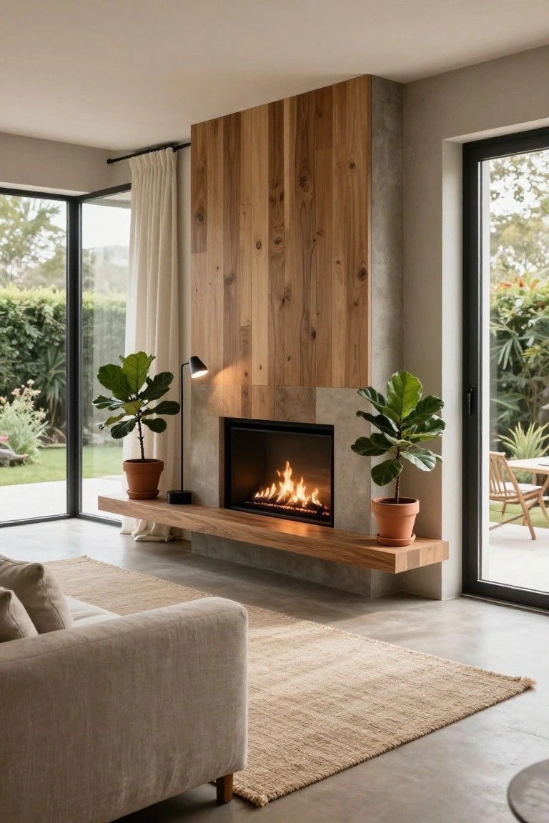 Modern living room with a gas fireplace inset in a wall of vertical wood planks and concrete, flanked by two potted fiddle leaf fig plants on a wooden shelf, a cream fabric sofa on a seagrass rug, and glass doors opening to a garden.