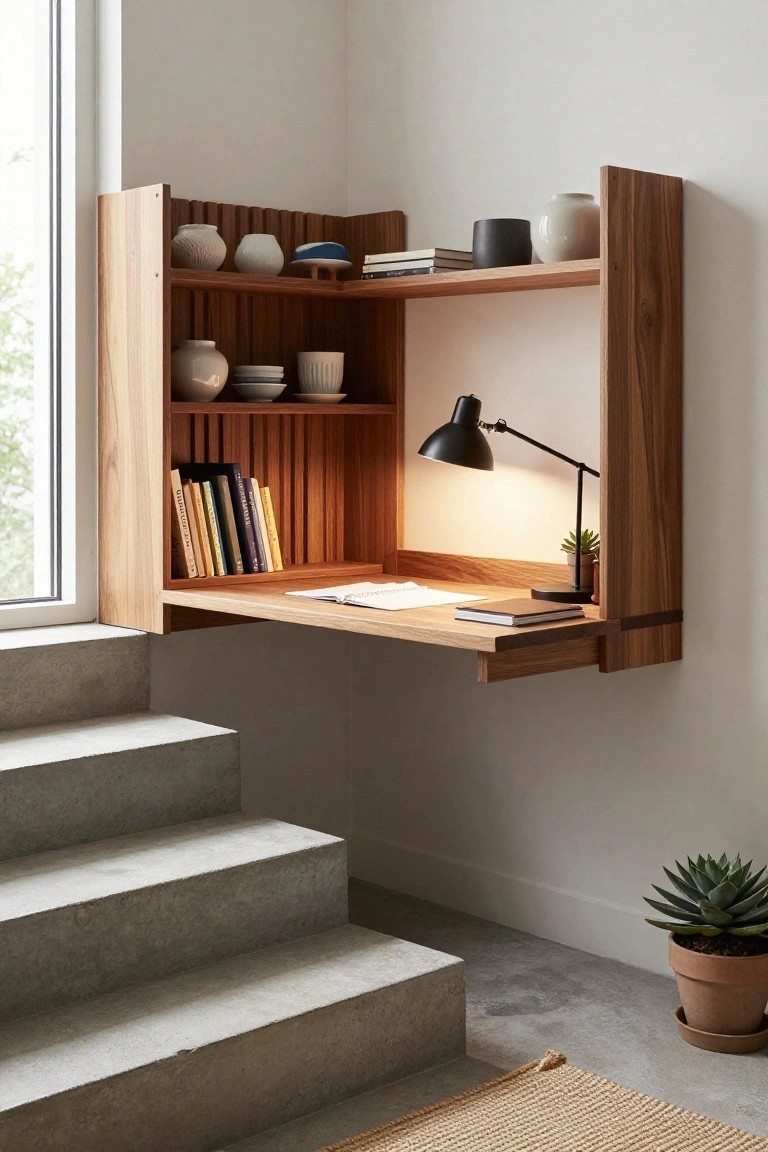 Wooden wall-mounted corner shelving unit with fold-down desk, adjustable black lamp, books, ceramics, and plants next to concrete stairs and a large window.