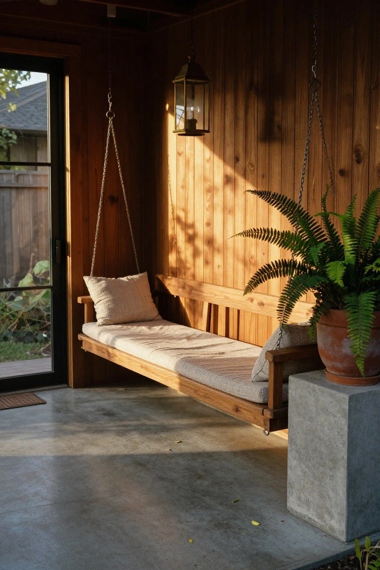 Wood-paneled outdoor enclosure featuring a hanging wooden swing bed with beige cushions, suspended by chains above a concrete floor, next to a large fern in a terracotta pot and a lantern light, with a screen door open to the yard.
