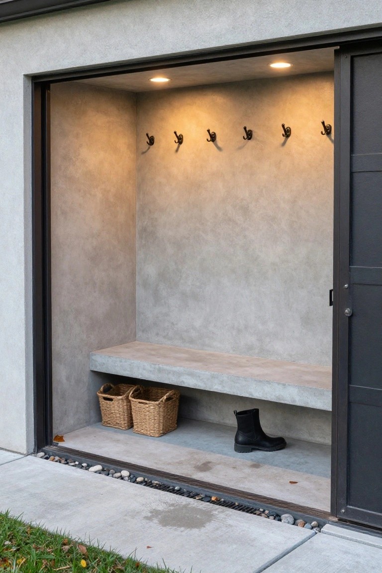 Open recessed alcove with gray concrete walls and bench, black wall hooks, two wicker baskets under the bench, one black boot on the floor, black sliding door frame, concrete path with gravel drainage strip, and grass lawn outside.
